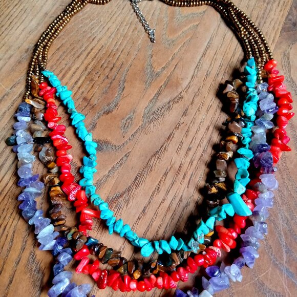 Handmade Four Strand Genuine Semi-Precious Stone Necklace 90g - Picture 1 of 13